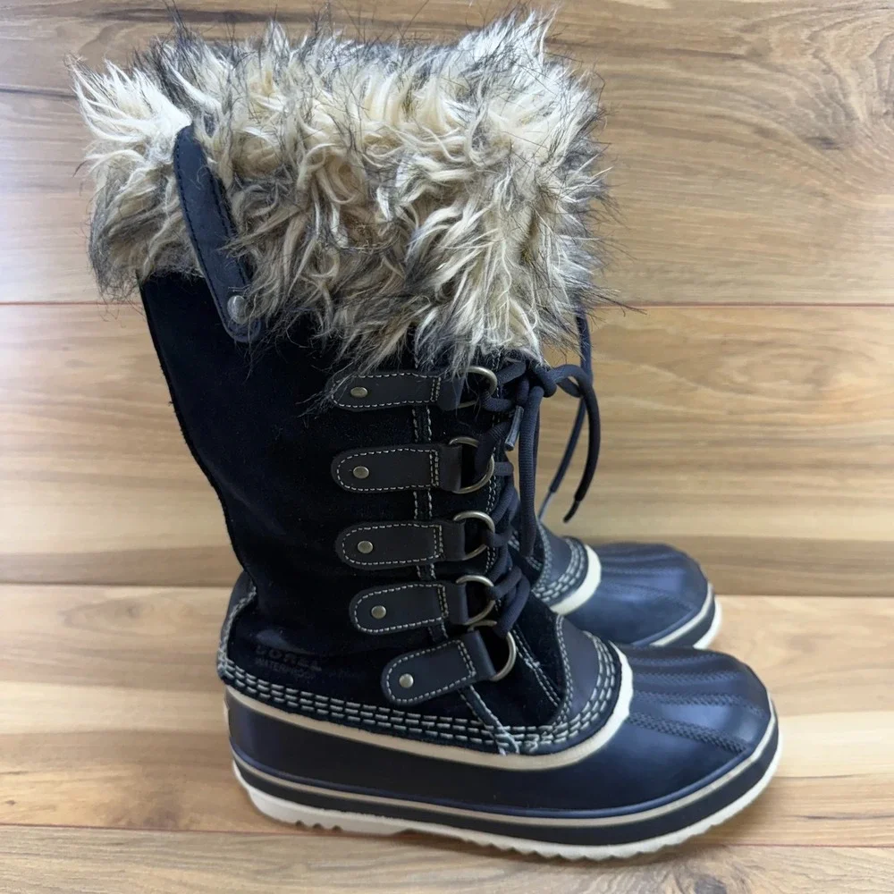 Sorel Joan Of Arctic Waterproof Snow Boots 7 Black Suede Faux Fur Tall Gorpcore
